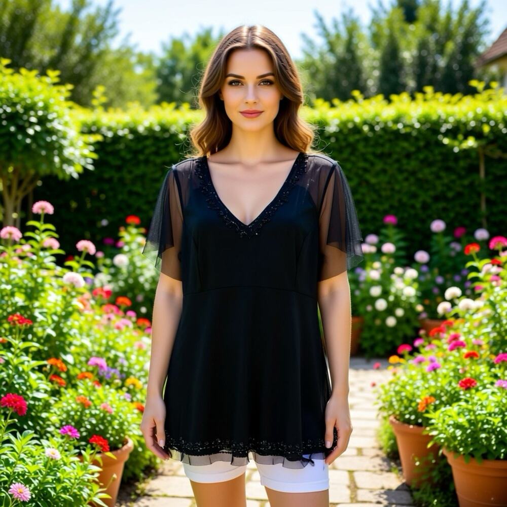 Torrid Women 1X Black Mesh OverLay Sequins ShortSleeve Blouse Coquette DarkFairy